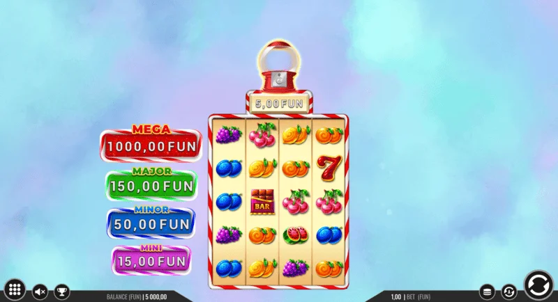 Sweet Candy Cash Stash - Sütunlar ve kontrol düğmeleri içeren oyun ekranı